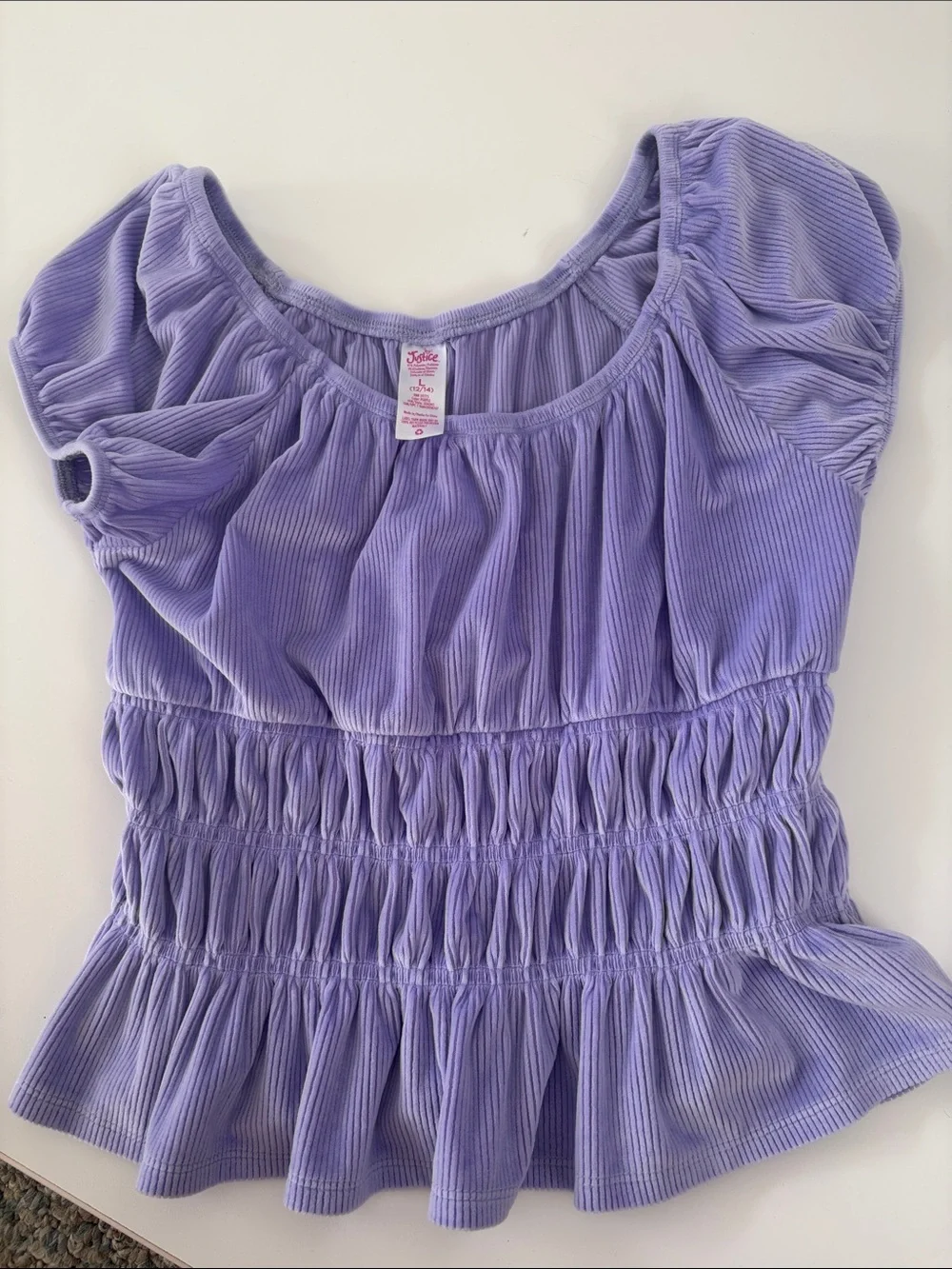 Justice Purple Smocked Ruffle Top Girls Size Large 12/14 | Cottagecore Peplum